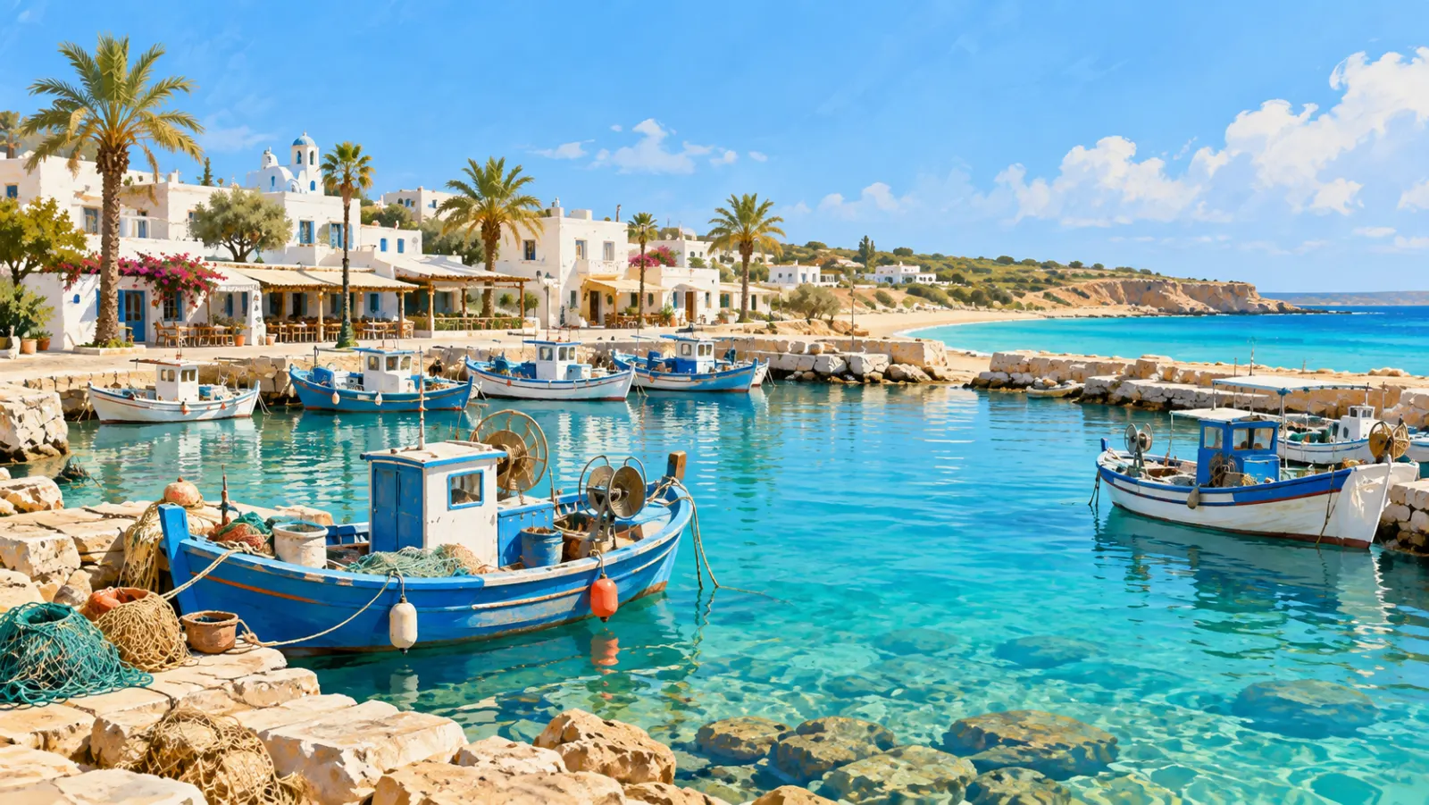 Painting of Ayia Napa harbour with blue and white fishing boats, nets on the quay and whitewashed buildings