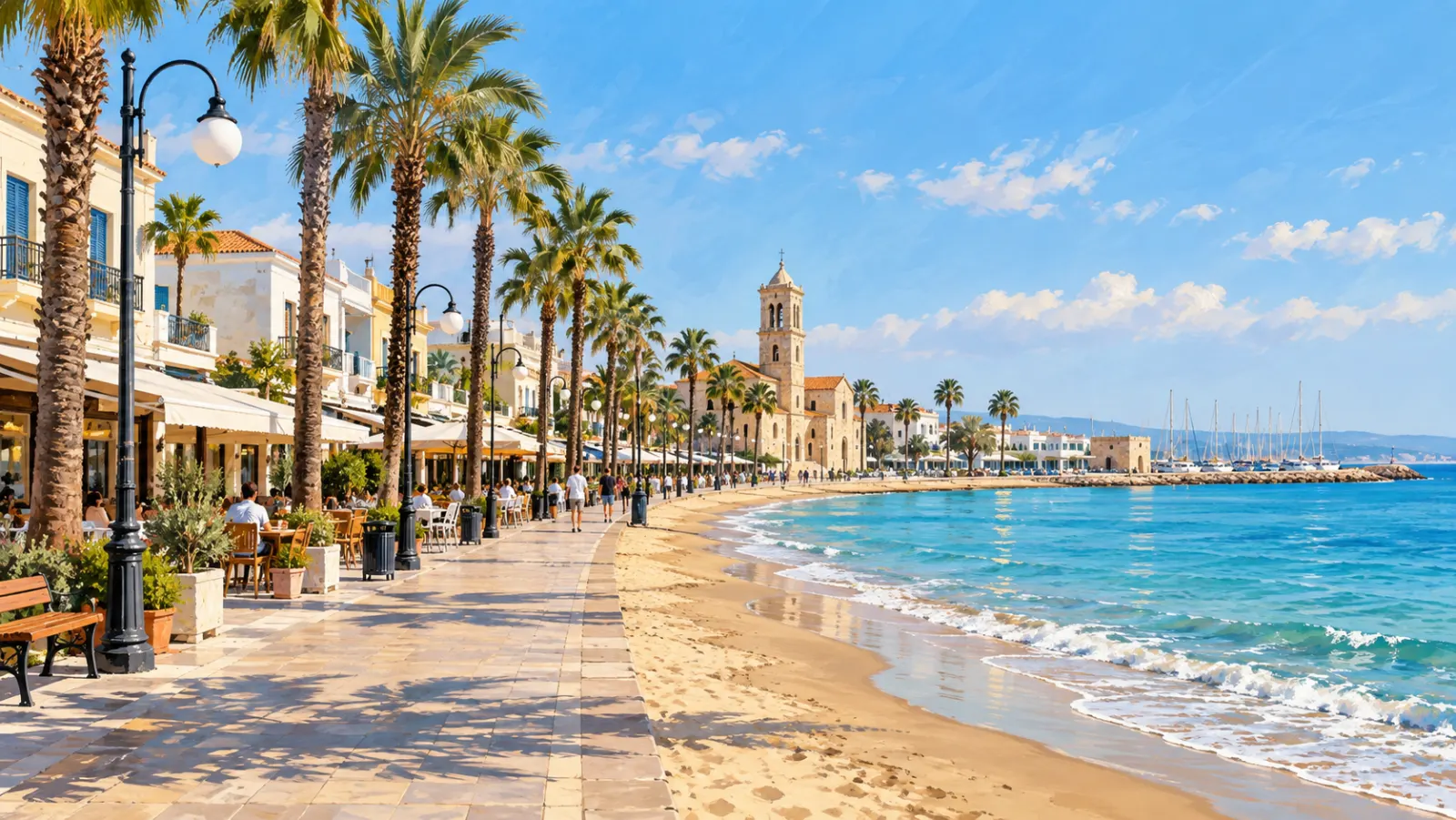 Painting of the palm-lined Larnaca promenade with seafront cafes beside a sandy beach