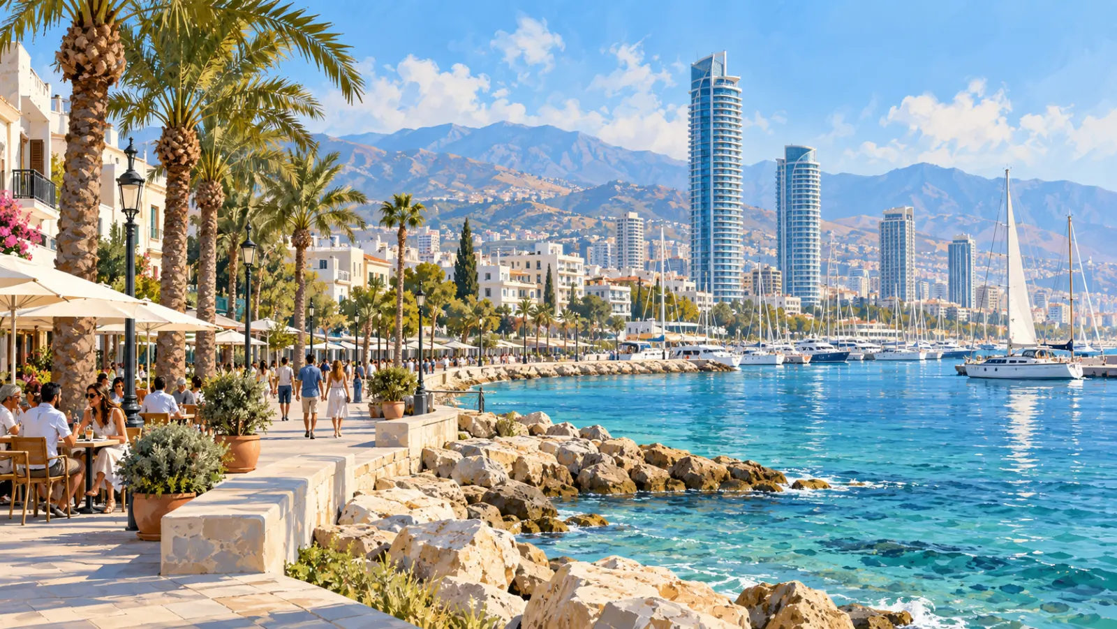 Painting of the Limassol seafront promenade with palm trees, the marina and high-rise towers below the mountains