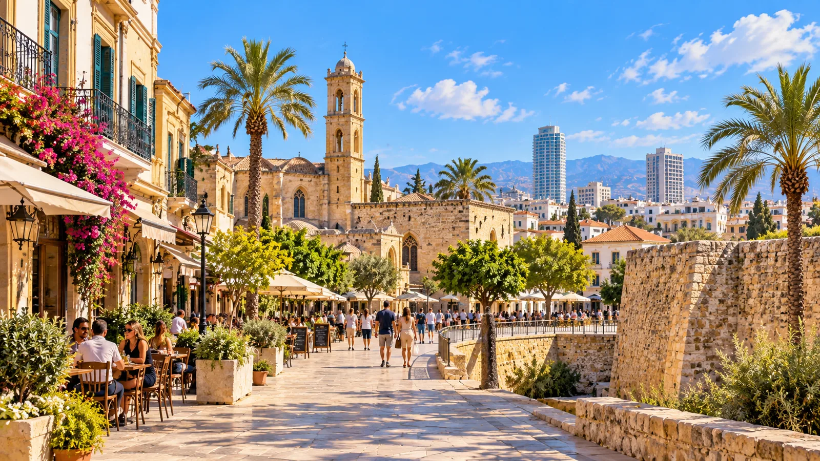 Sunlit old town promenade in Nicosia with cafe tables, palm trees, a stone church bell tower and the old city walls, modern towers behind