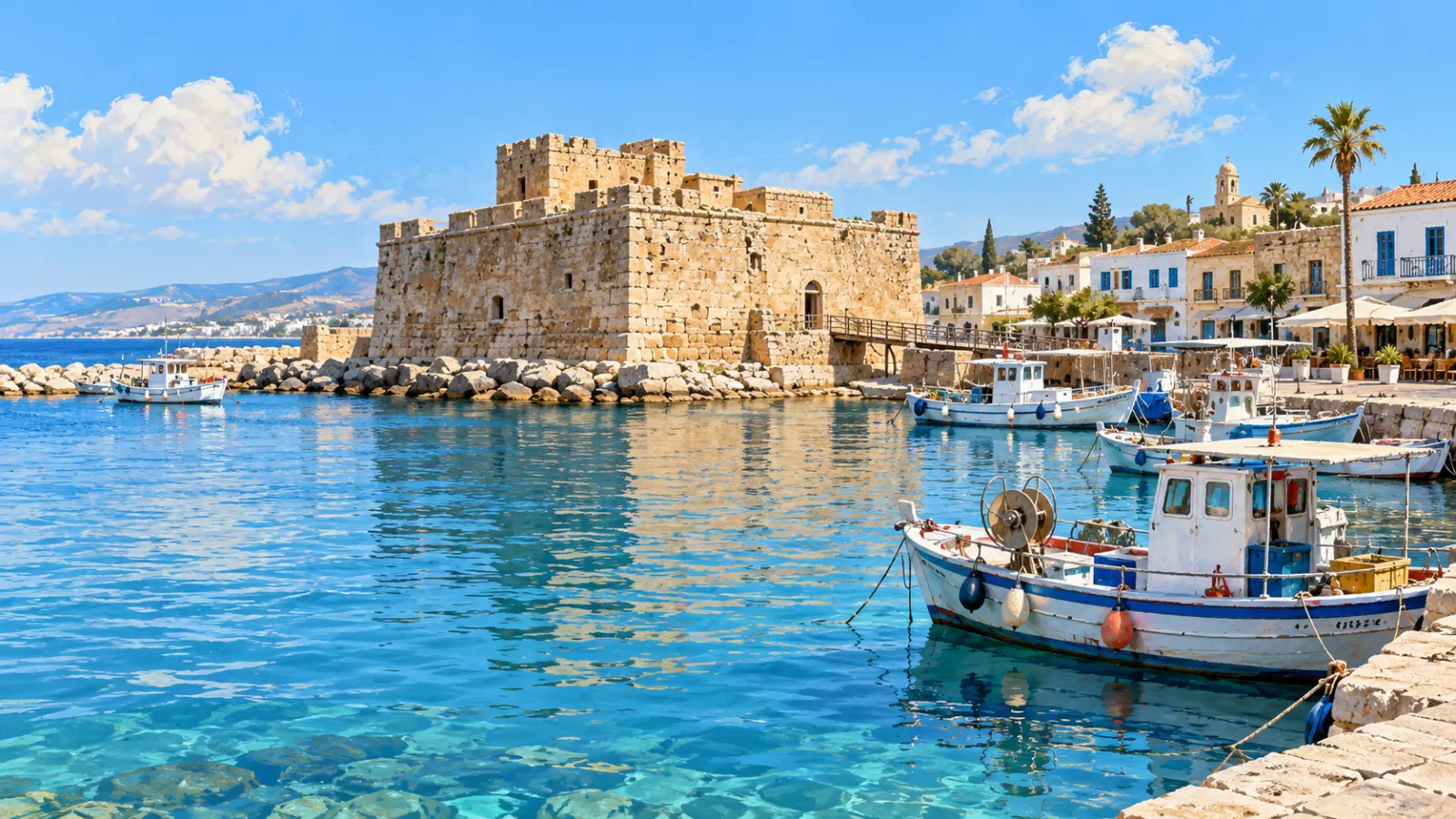 Painting of Paphos harbour with the medieval castle, moored fishing boats and clear turquoise water